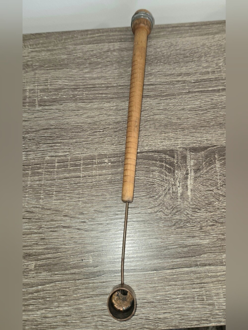 Vintage Handmade Candle Snuffer, Wood Sewing Spool with Metal 14" SEE PICTURES.